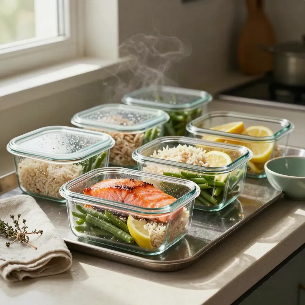 Meal-prep salmon bowls lined up for seven days on a stone counter by a warm kitchen window.
