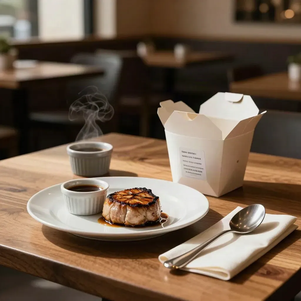 Low restaurant table with plated entrée, separate sauces, napkins, and open takeaway box.