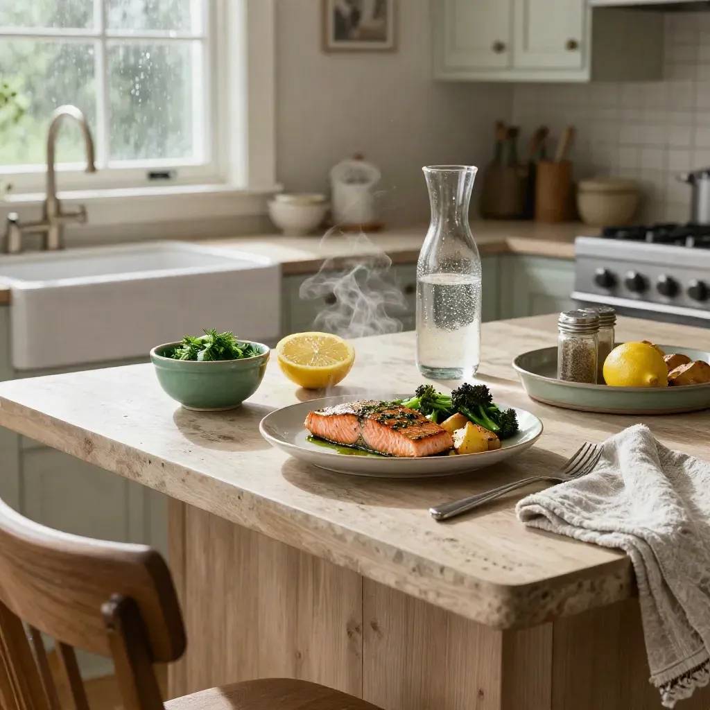 Cinematic kitchen island with low-sodium dinner, herbs, lemon, carafe, and rain-soft window light.