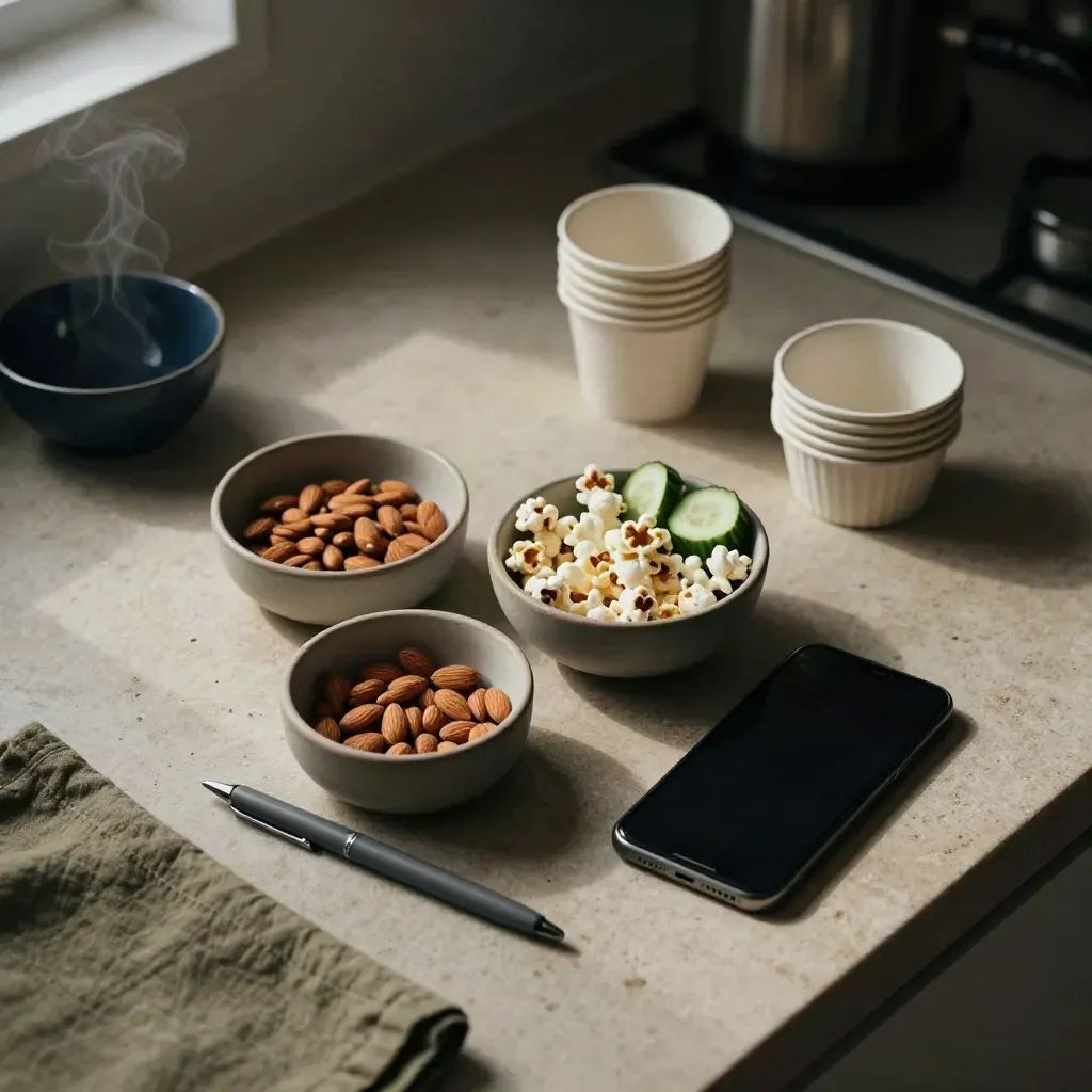 Top-down snack tracking station with bowls, phone, pen, and cups on a quiet kitchen counter.
