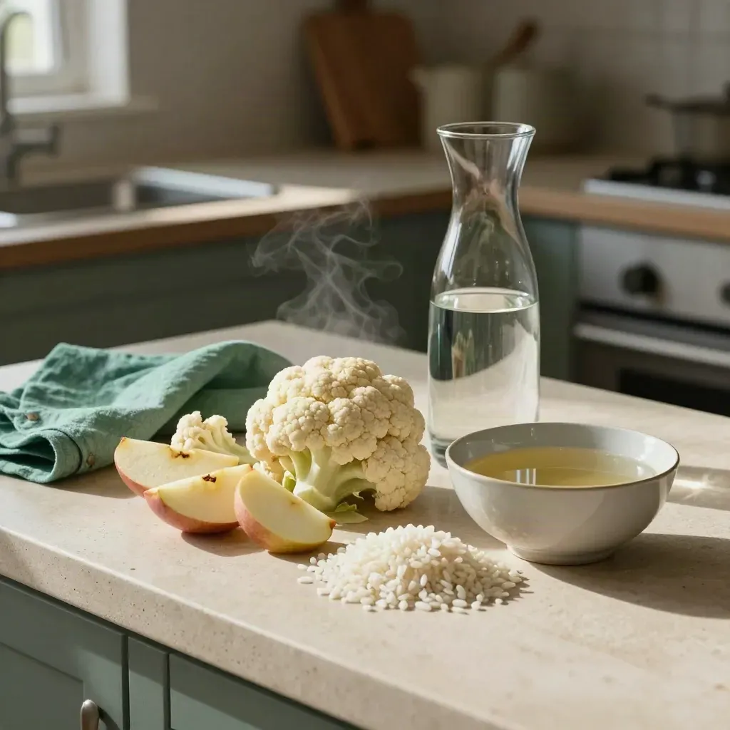 Kidney-friendly foods and water carafe on a cozy kitchen counter with steam and soft afternoon light.