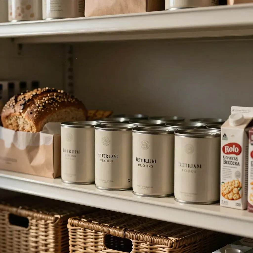 Pantry shelf with low-sodium soups, bread, crackers and snacks neatly curated.