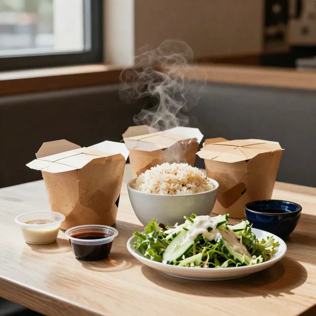 Takeout rice, salad, and sauce cups on a booth table with steam and a deep navy accent.