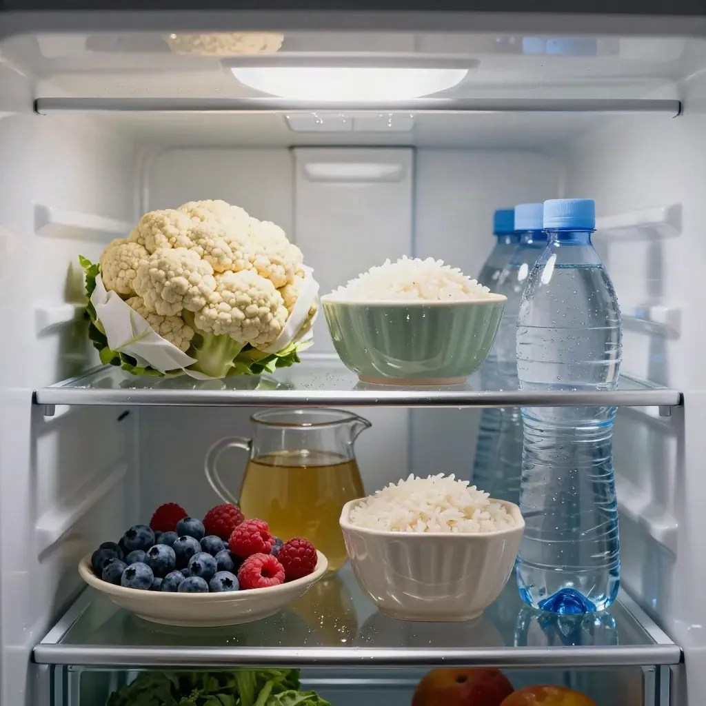Organized refrigerator shelf with low-sodium swaps: berries, cauliflower, rice, broth, and water.