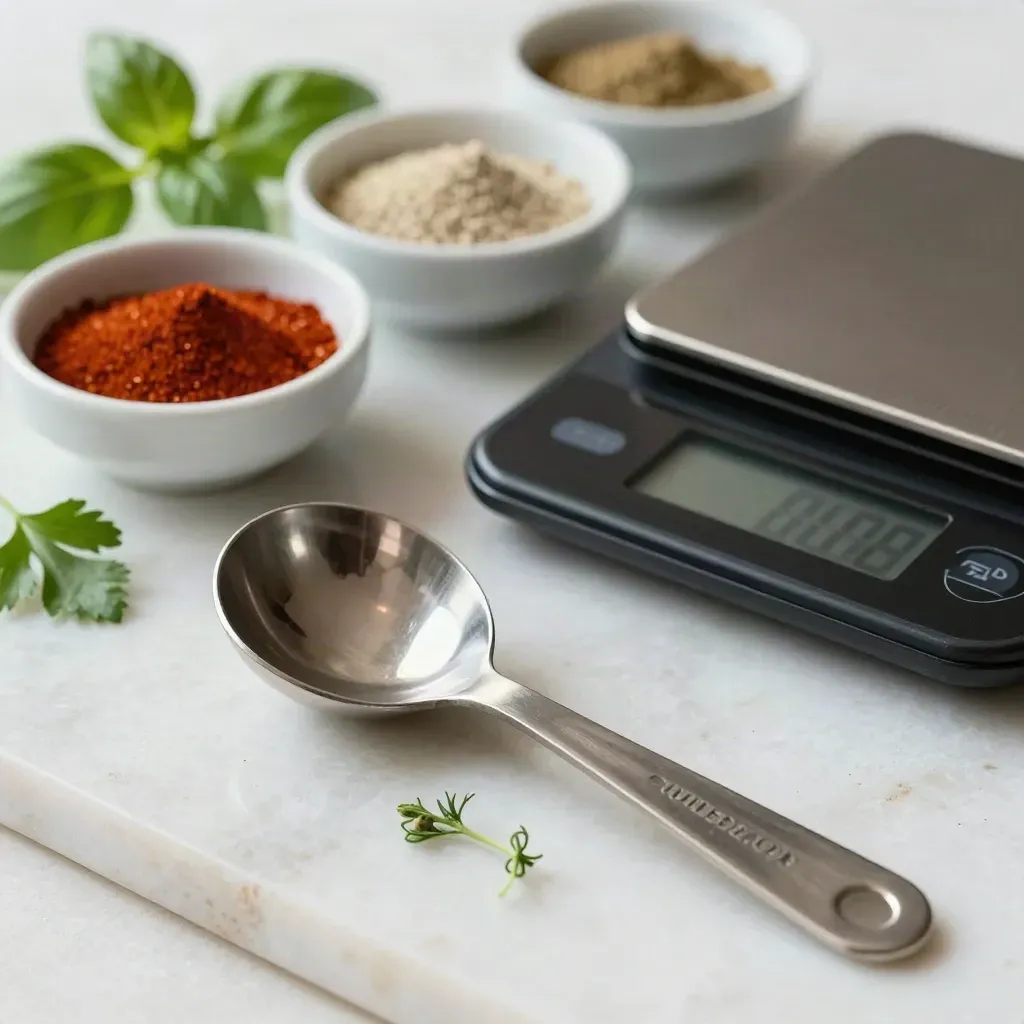 Macro of a dark food scale, measuring spoons, spice bowls, and fresh herbs on a white prep surface.