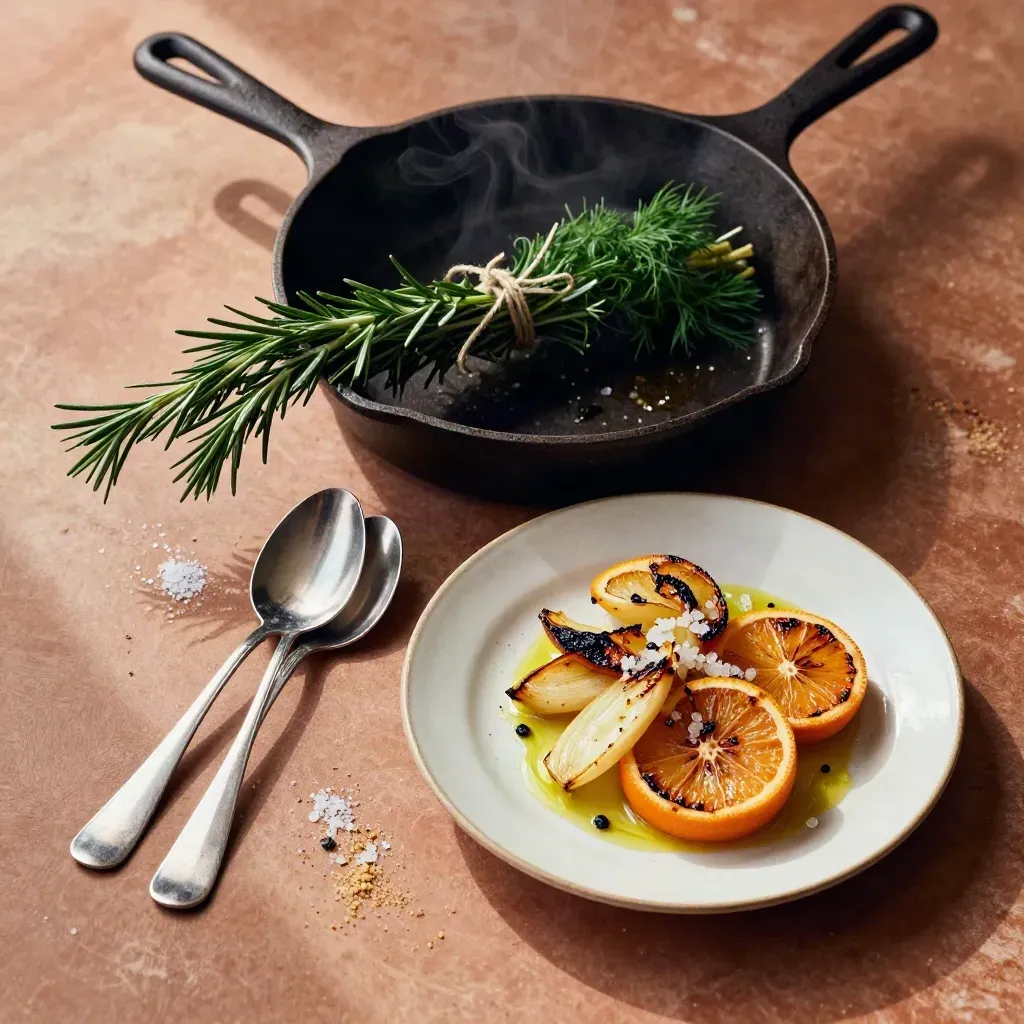 Cast-iron skillet with herbs, tasting spoons, citrus and a plated low-sodium dish on a terracotta workbench.