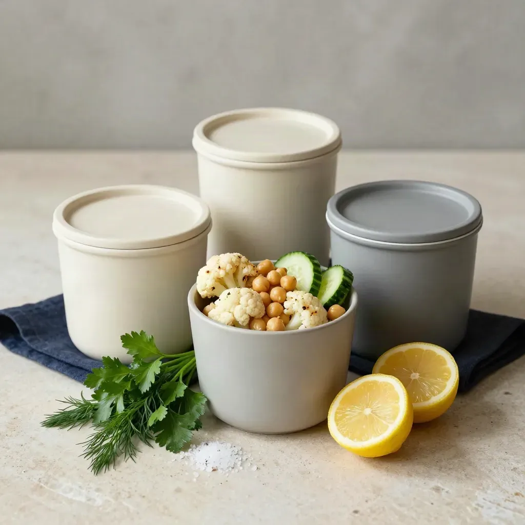Meal prep containers with herbs, lemon halves, and swap ingredients on a stone counter