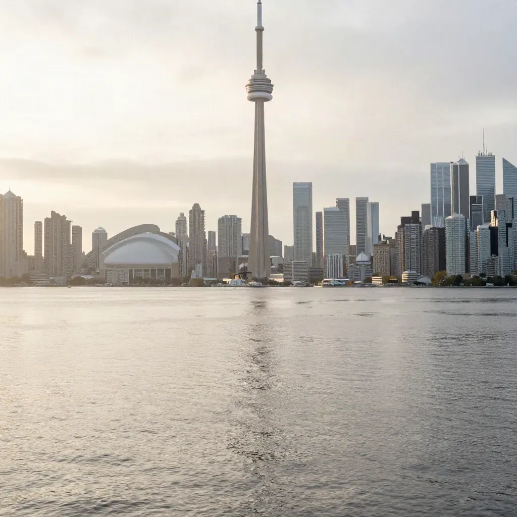 Toronto skyline with CN Tower above calm water at golden hour, misty and luminous.