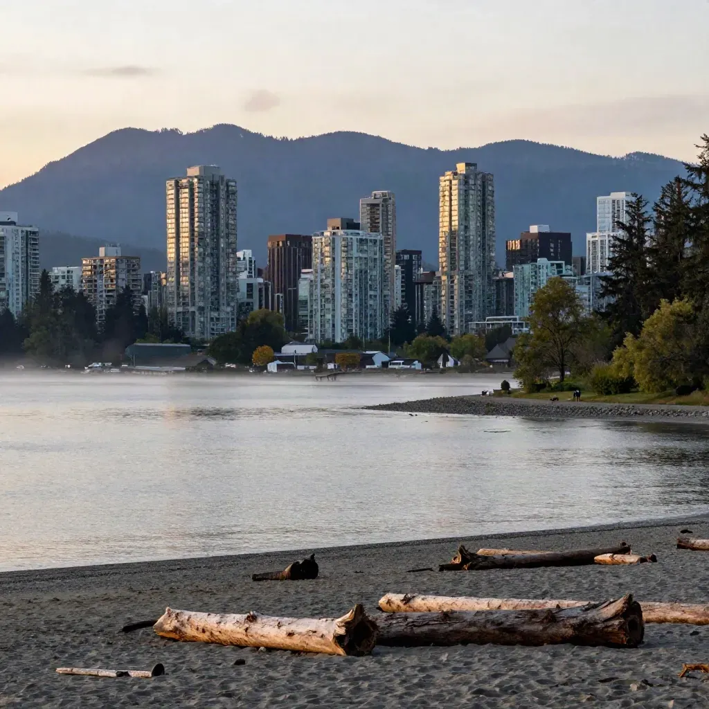 Metro Vancouver waterfront at dawn with downtown, mountains and calm inlet under sea mist