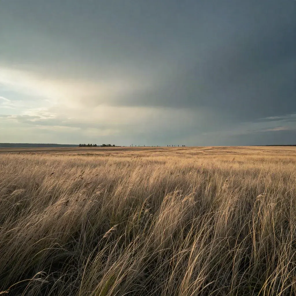Prairie overlook with distant Calgary-Edmonton skyline hints under a golden storm-cleared sky